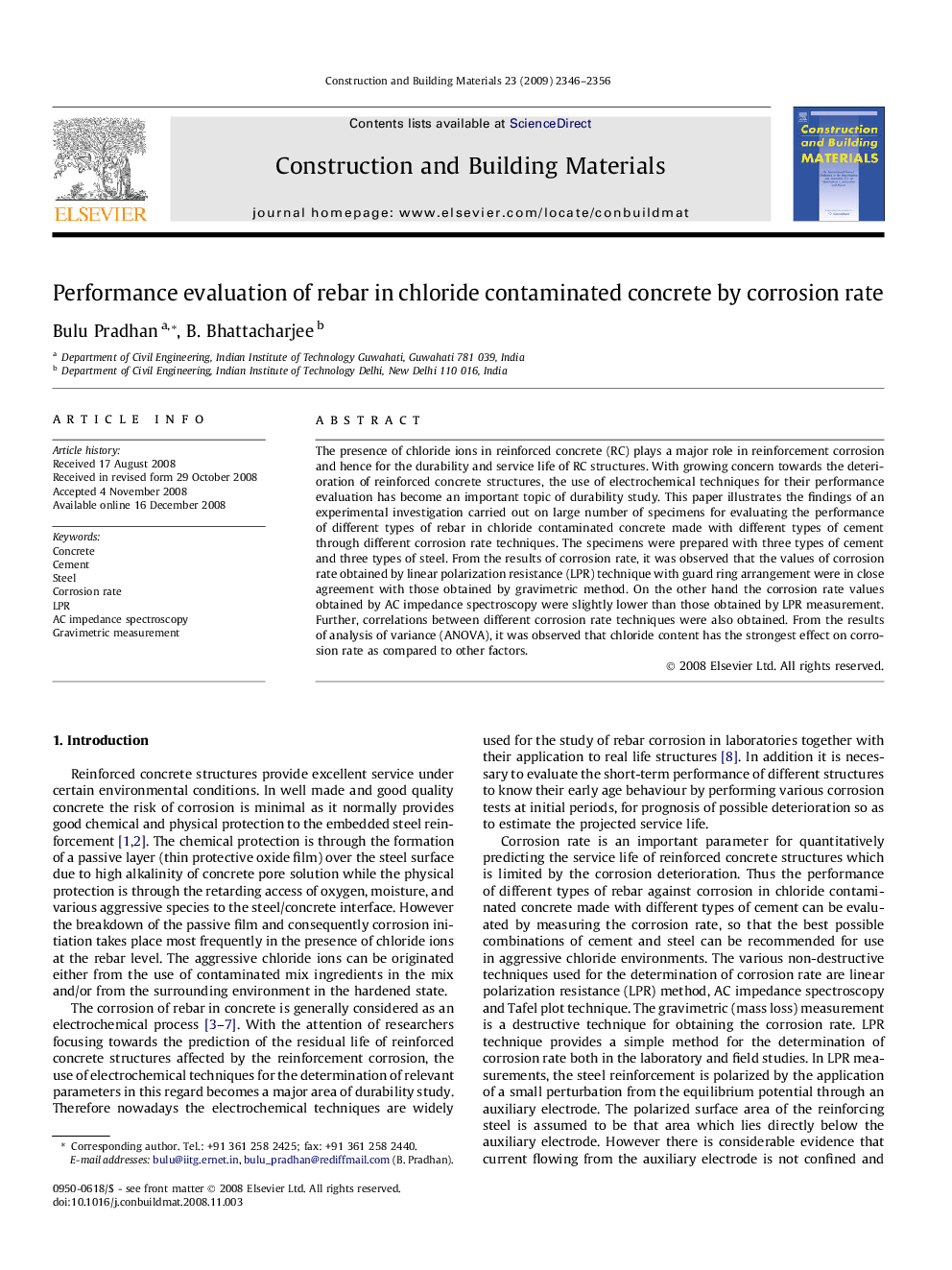 Performance evaluation of rebar in chloride contaminated concrete by corrosion rate