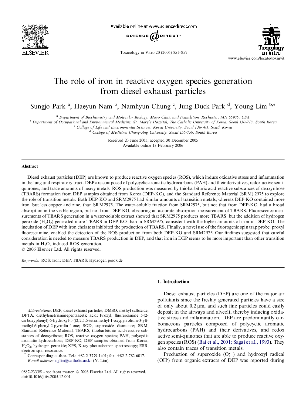 The role of iron in reactive oxygen species generation from diesel exhaust particles