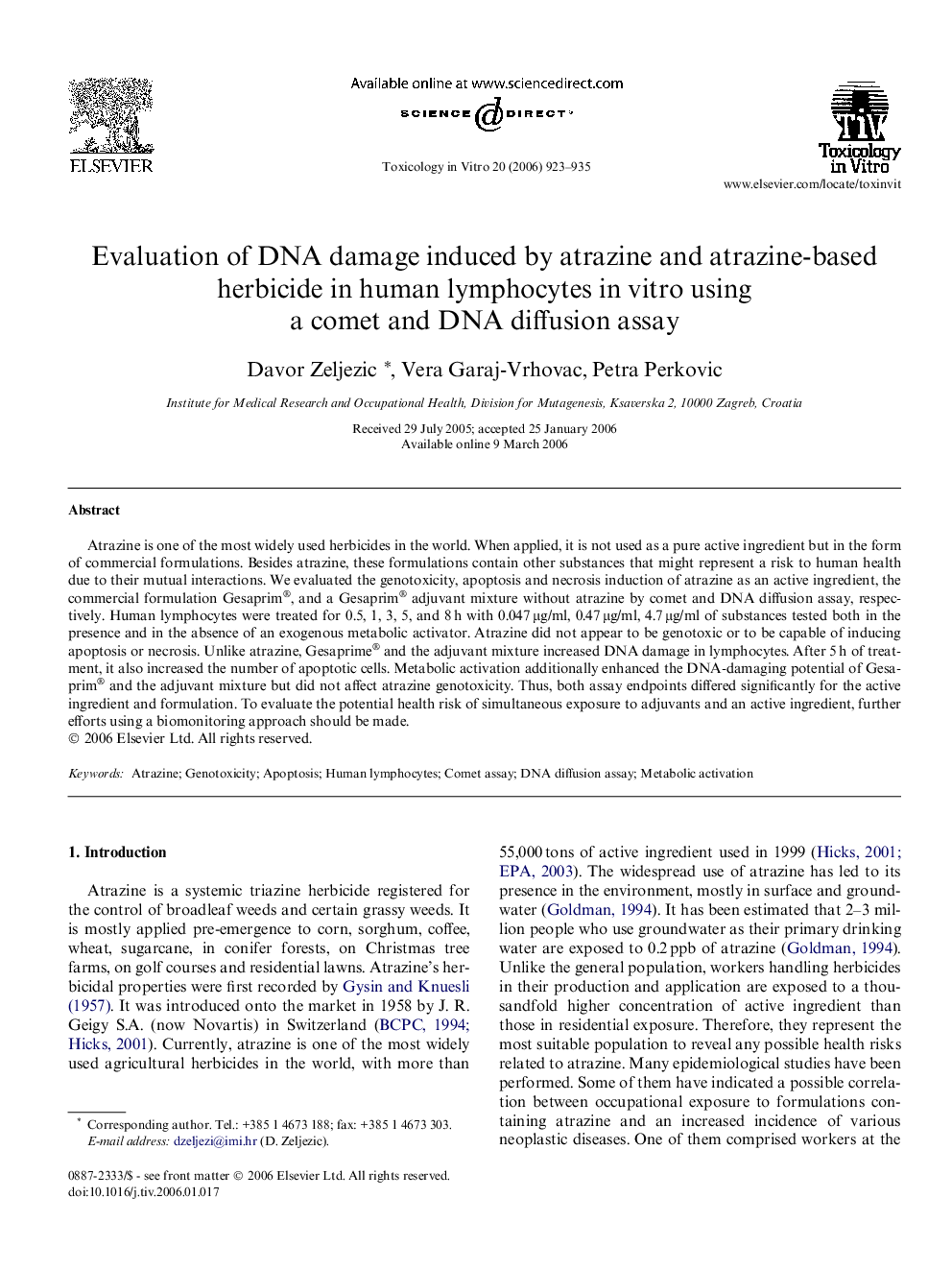 Evaluation of DNA damage induced by atrazine and atrazine-based herbicide in human lymphocytes in vitro using a comet and DNA diffusion assay