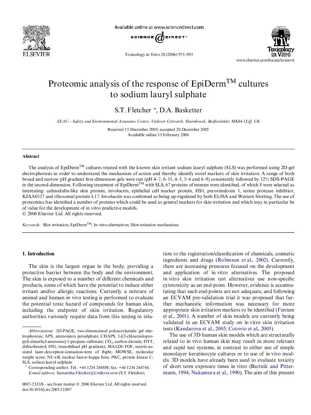 Proteomic analysis of the response of EpiDermTM cultures to sodium lauryl sulphate