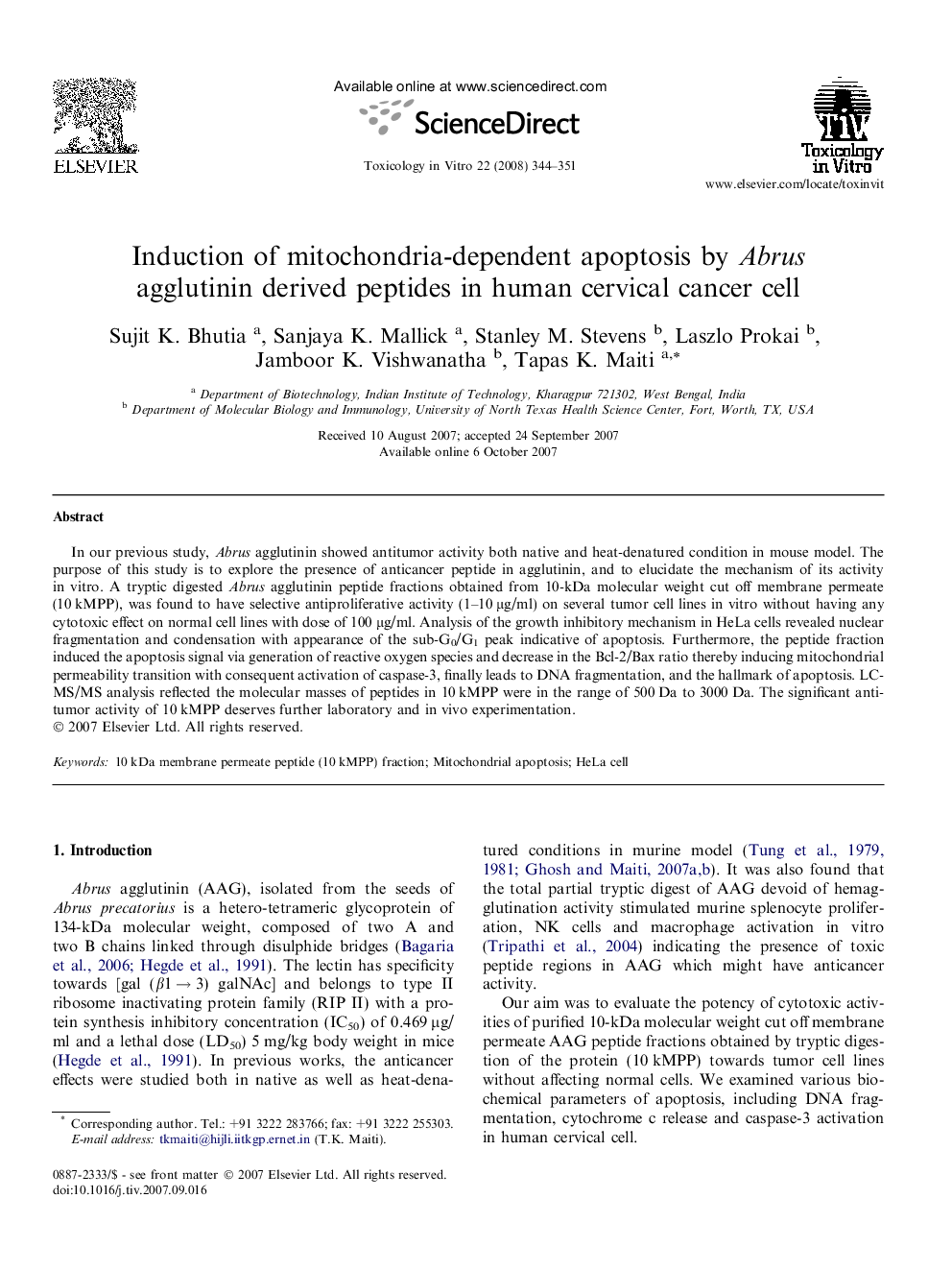 Induction of mitochondria-dependent apoptosis by Abrus agglutinin derived peptides in human cervical cancer cell