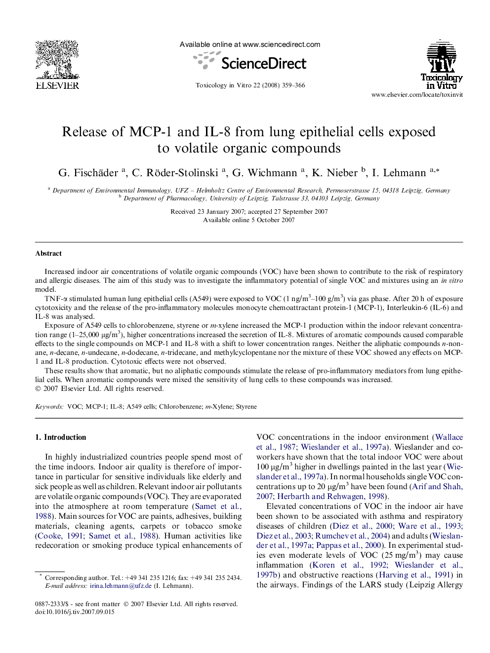 Release of MCP-1 and IL-8 from lung epithelial cells exposed to volatile organic compounds