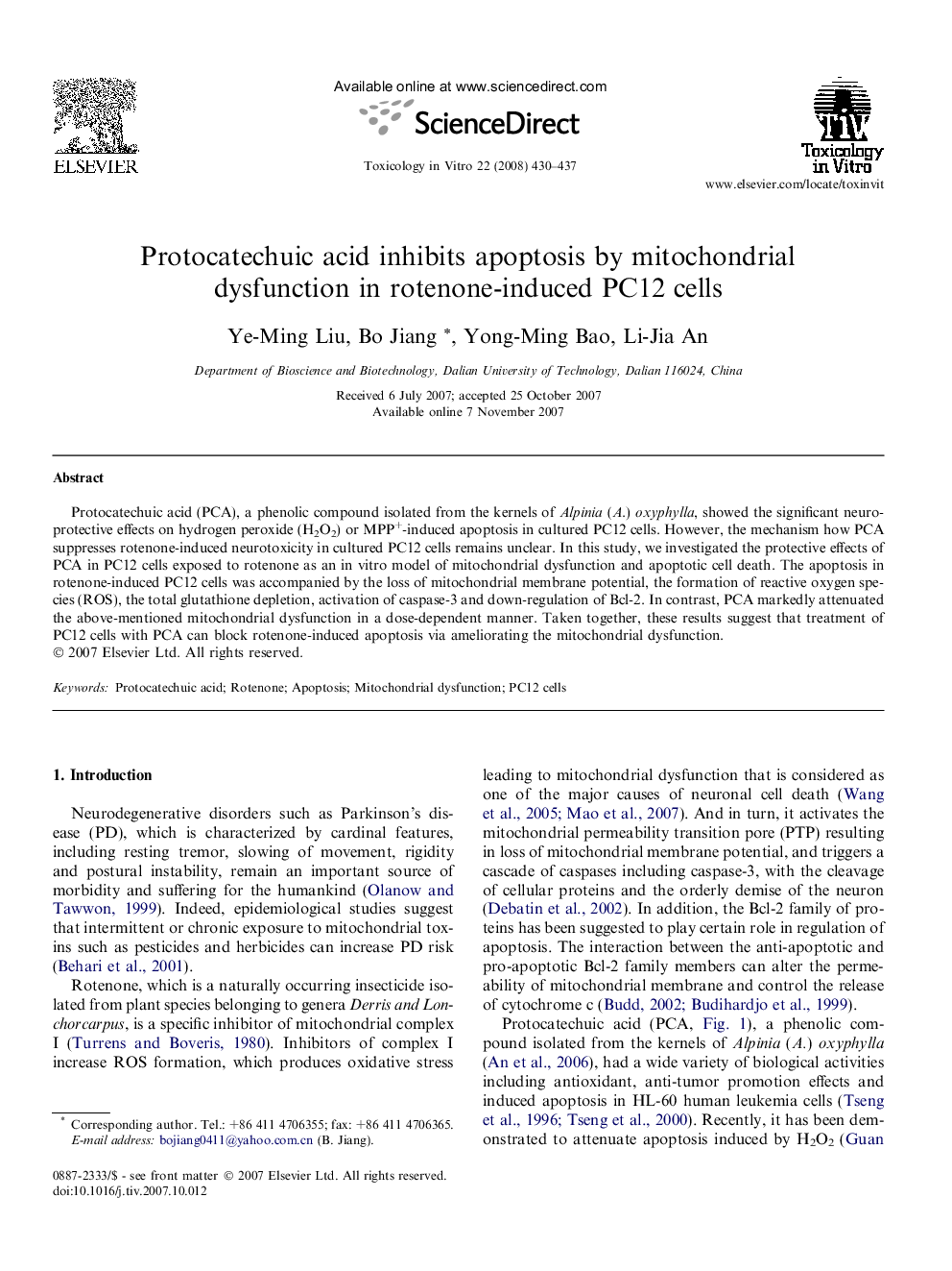 Protocatechuic acid inhibits apoptosis by mitochondrial dysfunction in rotenone-induced PC12 cells