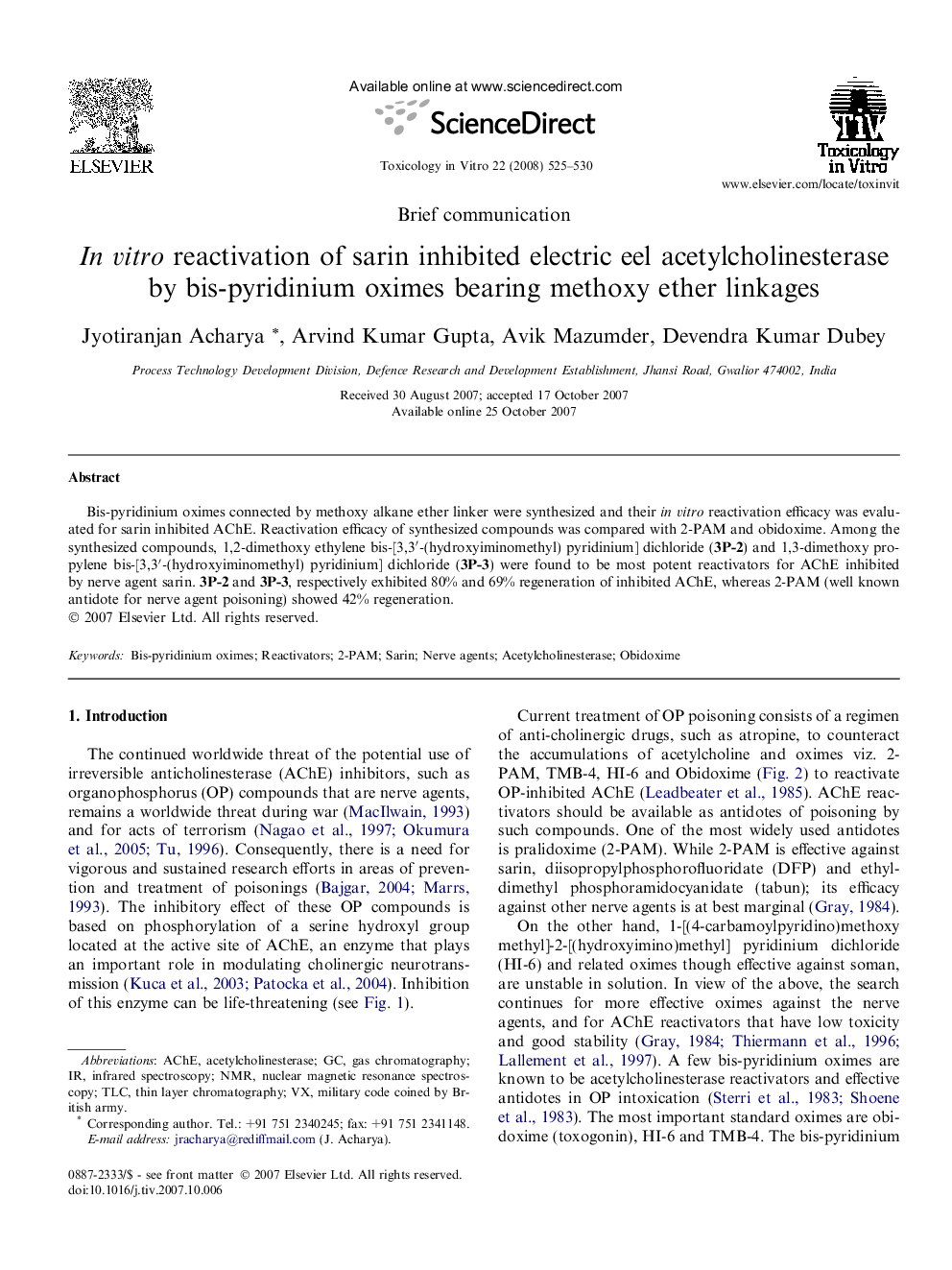 In vitro reactivation of sarin inhibited electric eel acetylcholinesterase by bis-pyridinium oximes bearing methoxy ether linkages