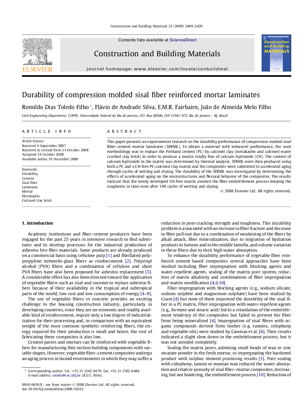 Durability of compression molded sisal fiber reinforced mortar laminates