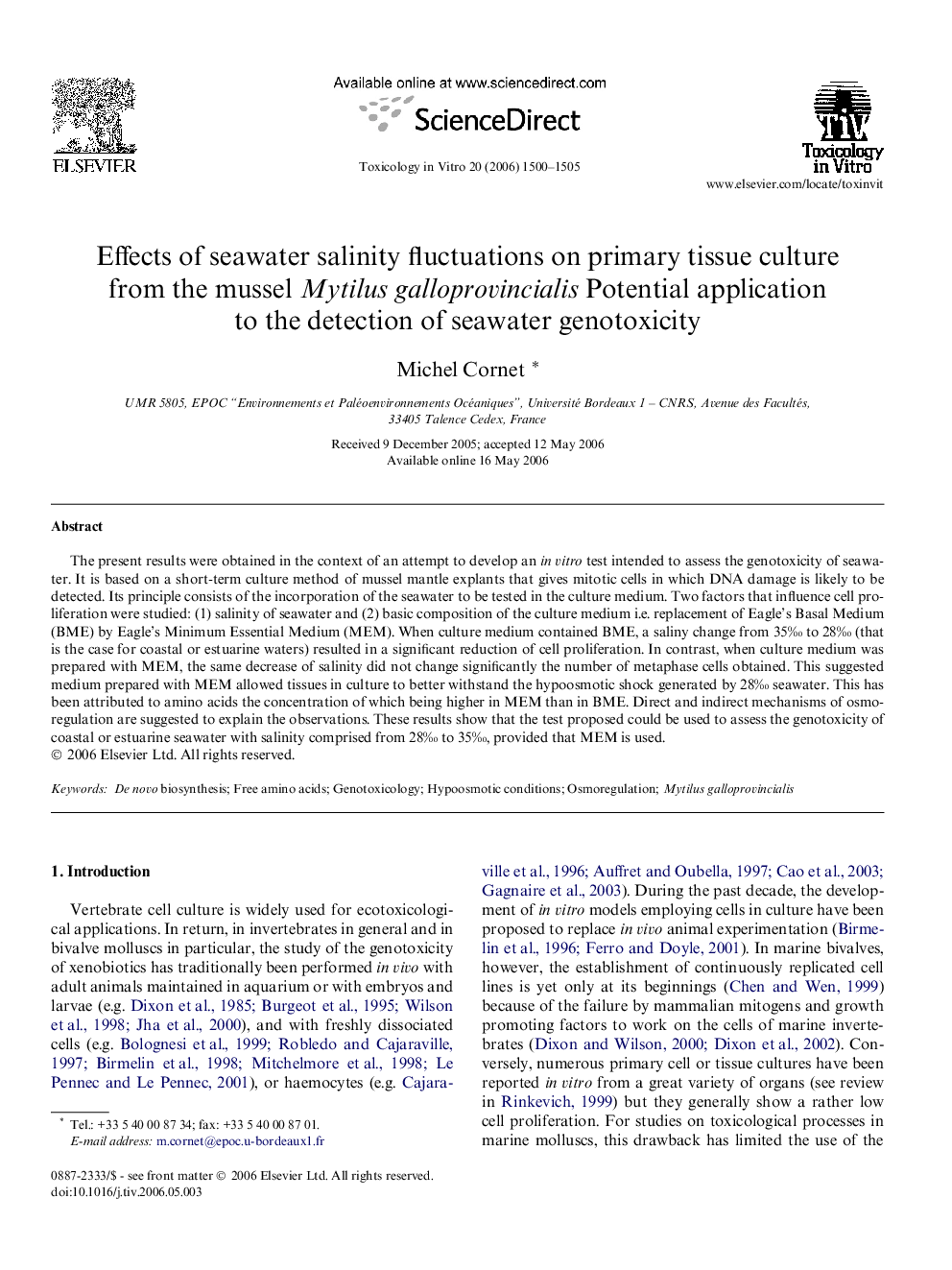 Effects of seawater salinity fluctuations on primary tissue culture from the mussel Mytilus galloprovincialis Potential application to the detection of seawater genotoxicity