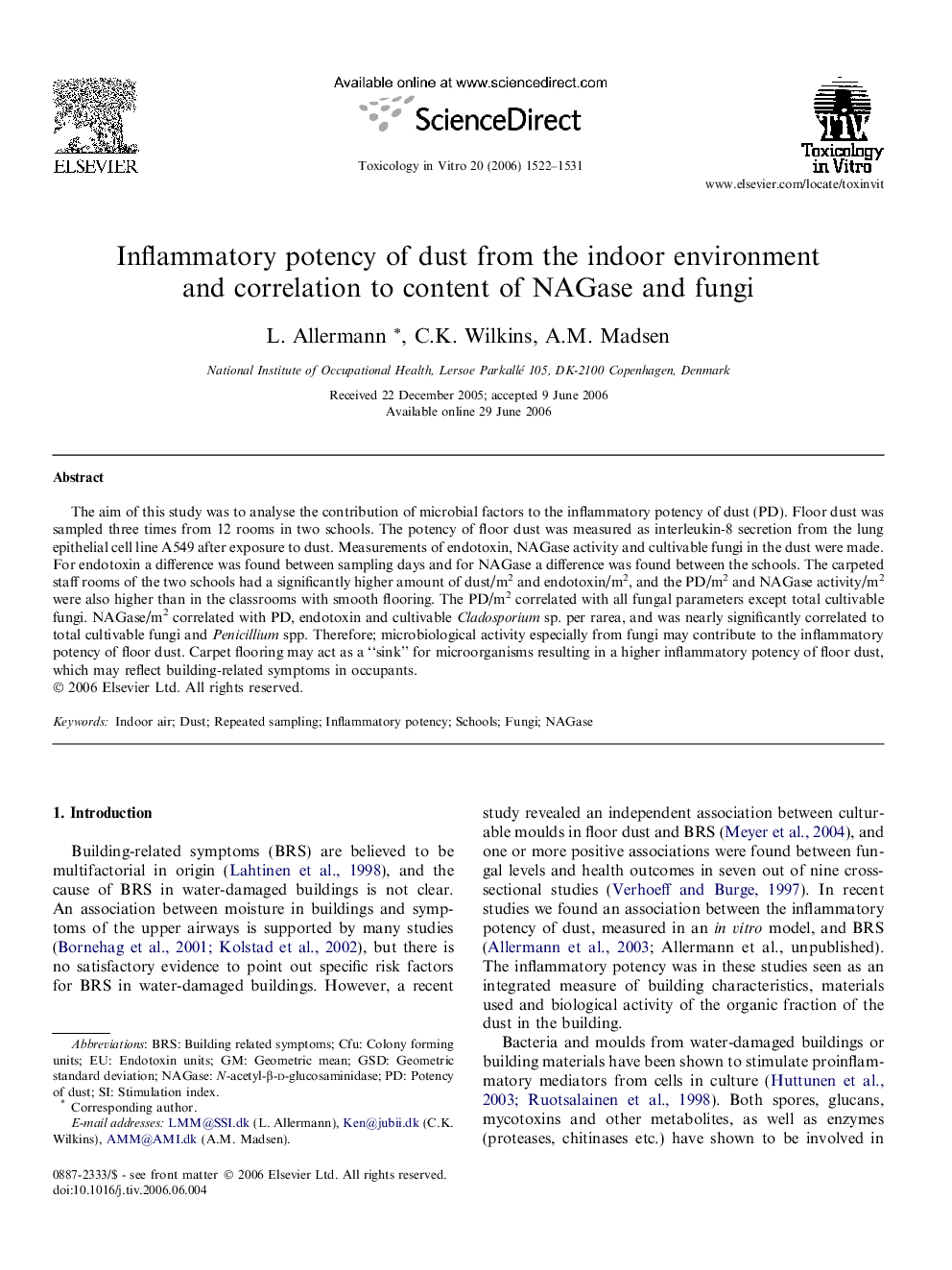 Inflammatory potency of dust from the indoor environment and correlation to content of NAGase and fungi