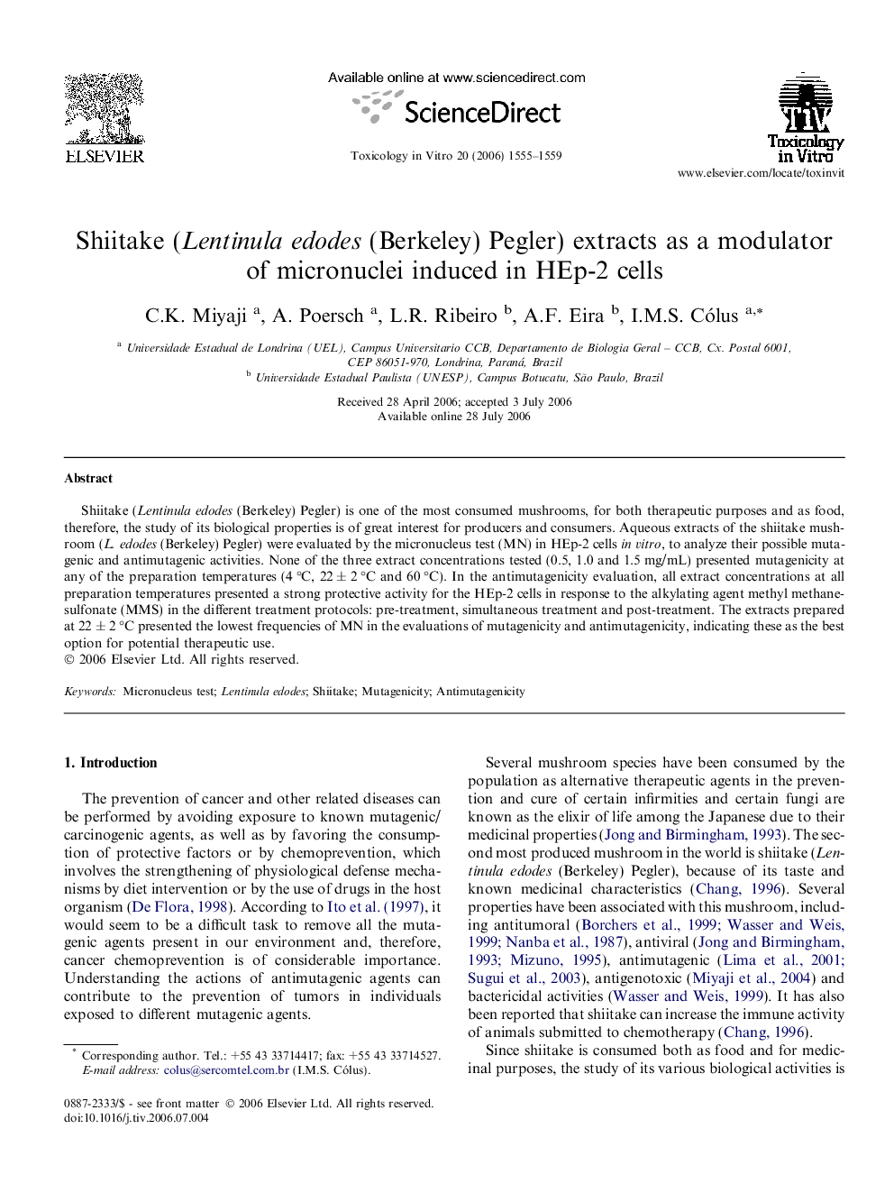 Shiitake (Lentinula edodes (Berkeley) Pegler) extracts as a modulator of micronuclei induced in HEp-2 cells