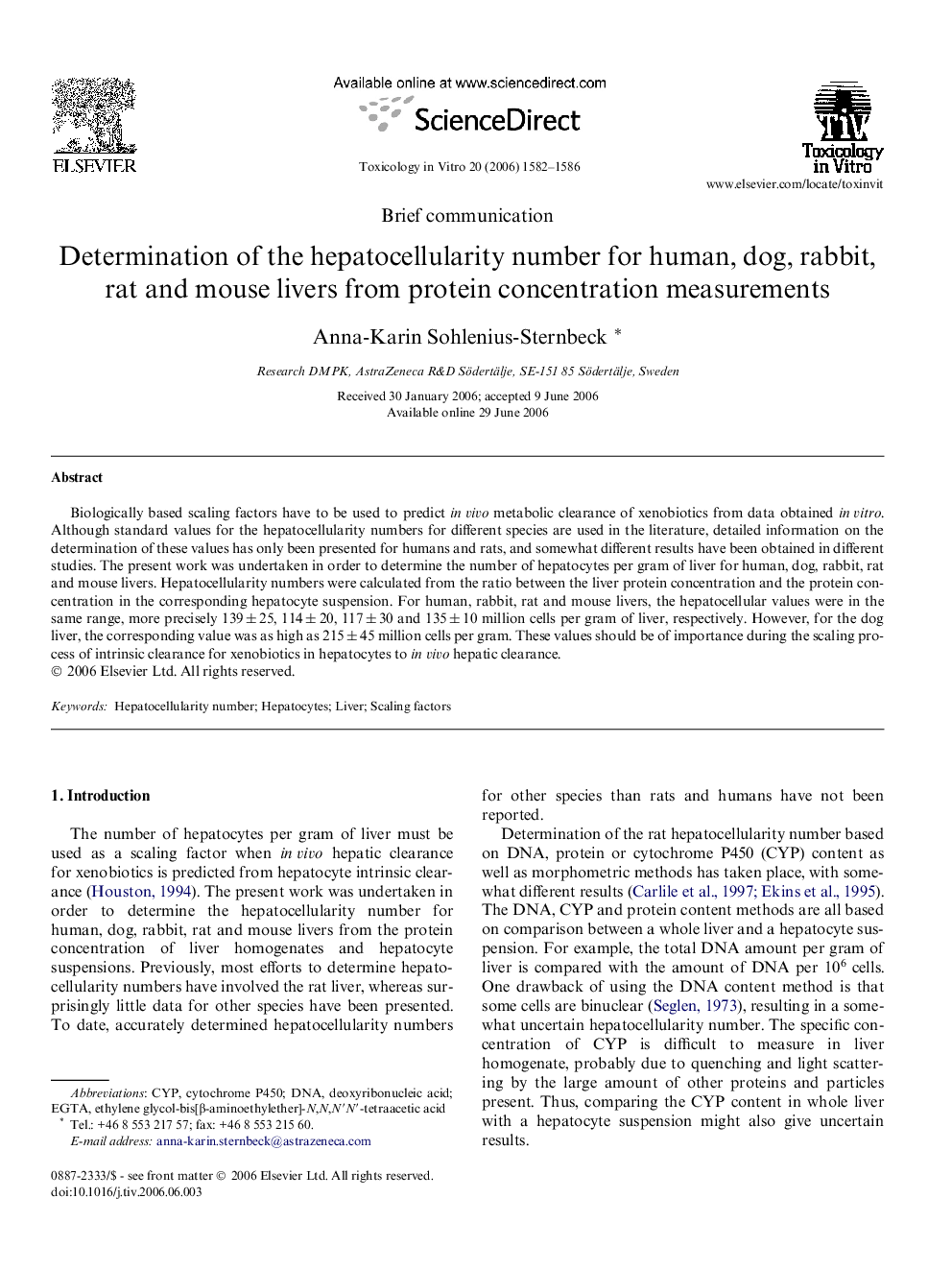 Determination of the hepatocellularity number for human, dog, rabbit, rat and mouse livers from protein concentration measurements