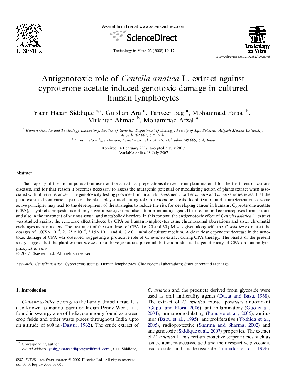 Antigenotoxic role of Centella asiatica L. extract against cyproterone acetate induced genotoxic damage in cultured human lymphocytes