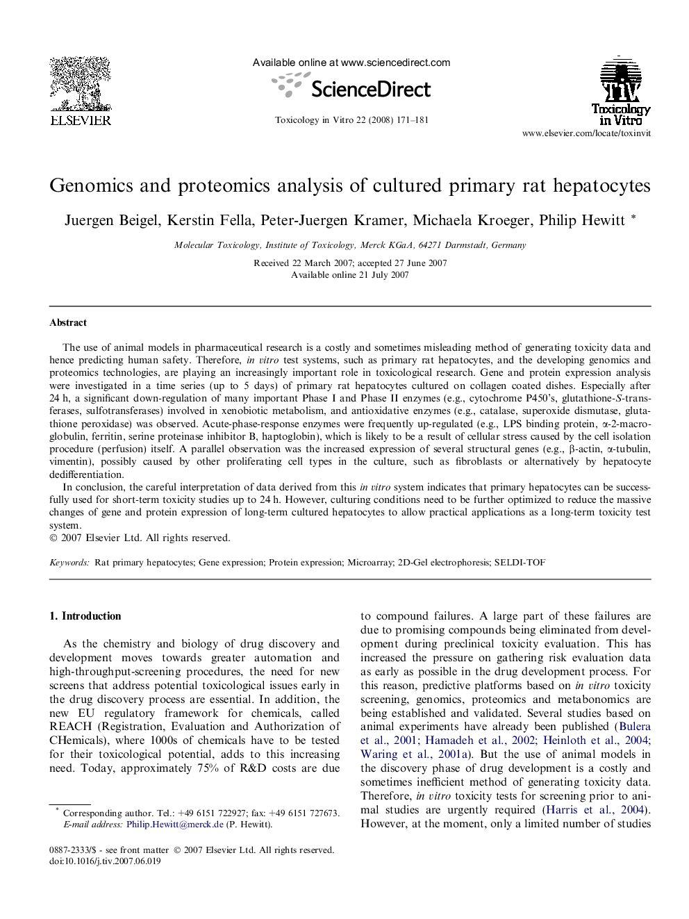 Genomics and proteomics analysis of cultured primary rat hepatocytes