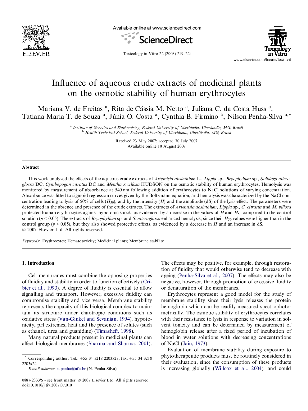 Influence of aqueous crude extracts of medicinal plants on the osmotic stability of human erythrocytes