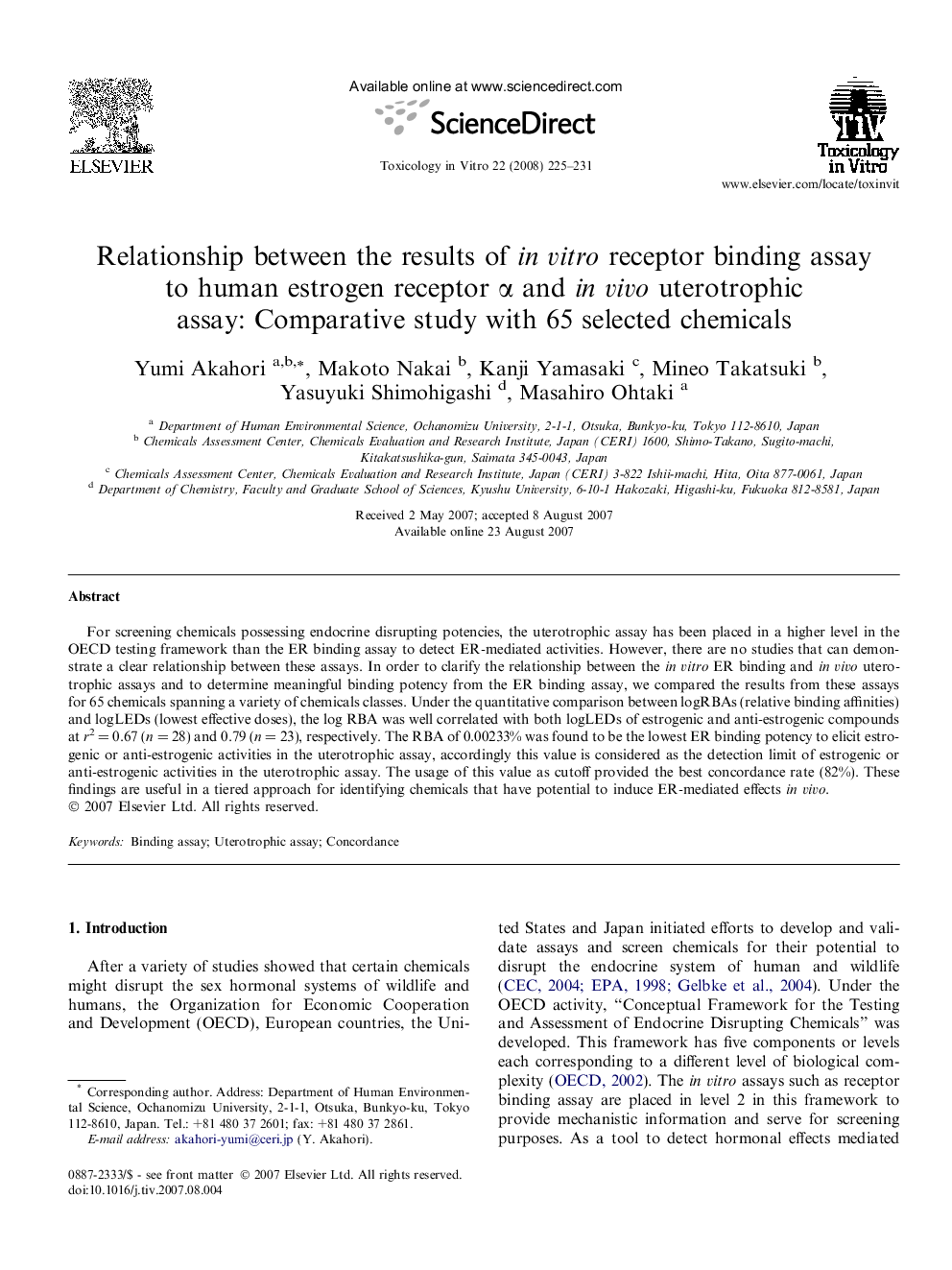 Relationship between the results of in vitro receptor binding assay to human estrogen receptor α and in vivo uterotrophic assay: Comparative study with 65 selected chemicals