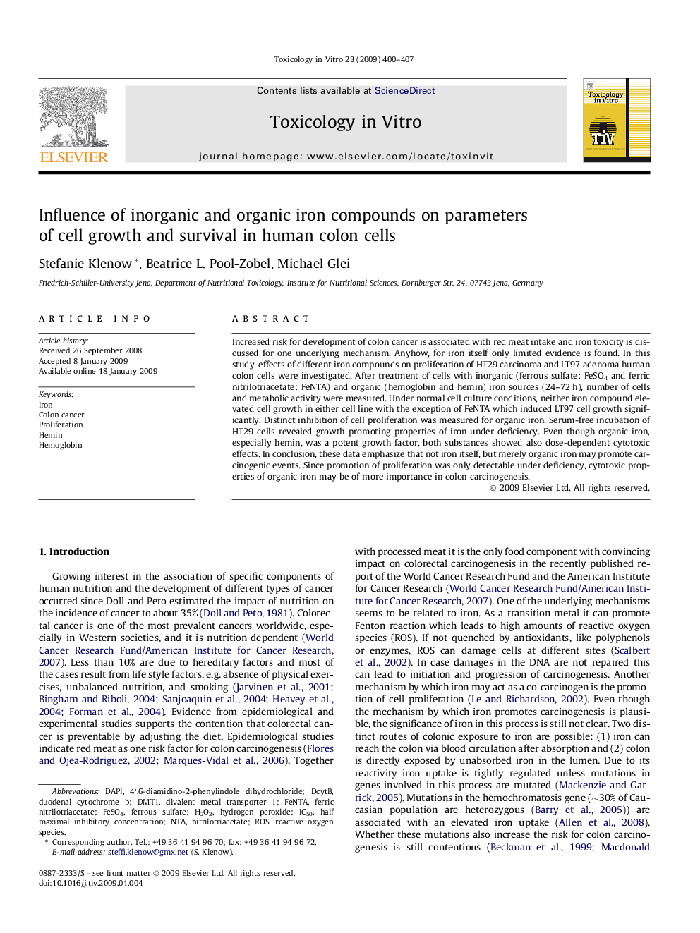 Influence of inorganic and organic iron compounds on parameters of cell growth and survival in human colon cells