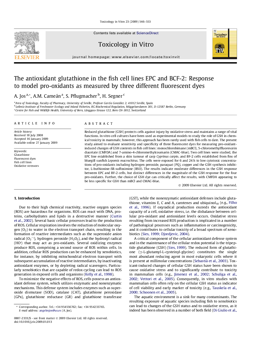 The antioxidant glutathione in the fish cell lines EPC and BCF-2: Response to model pro-oxidants as measured by three different fluorescent dyes