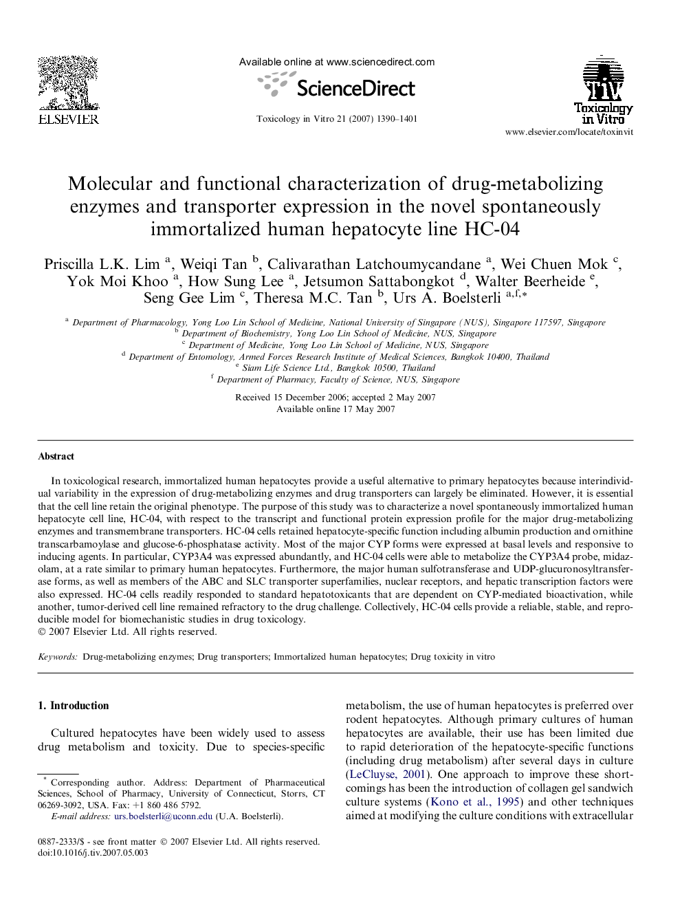 Molecular and functional characterization of drug-metabolizing enzymes and transporter expression in the novel spontaneously immortalized human hepatocyte line HC-04