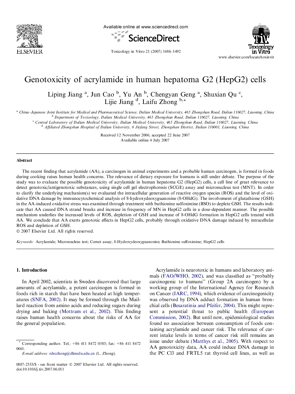 Genotoxicity of acrylamide in human hepatoma G2 (HepG2) cells