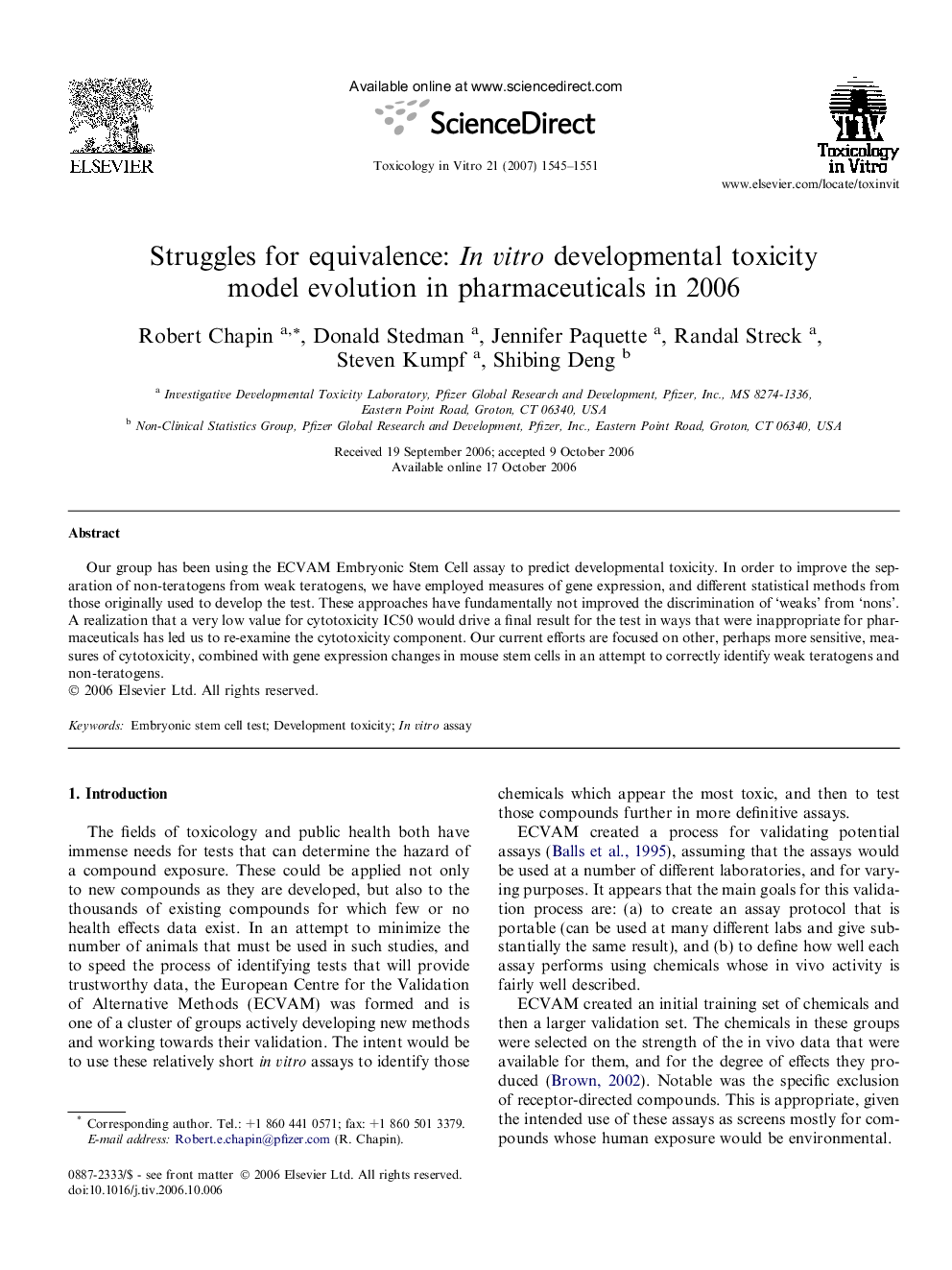 Struggles for equivalence: In vitro developmental toxicity model evolution in pharmaceuticals in 2006