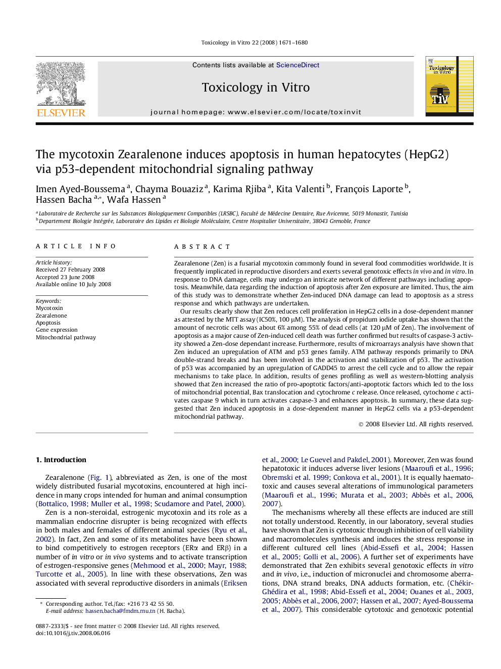 The mycotoxin Zearalenone induces apoptosis in human hepatocytes (HepG2) via p53-dependent mitochondrial signaling pathway