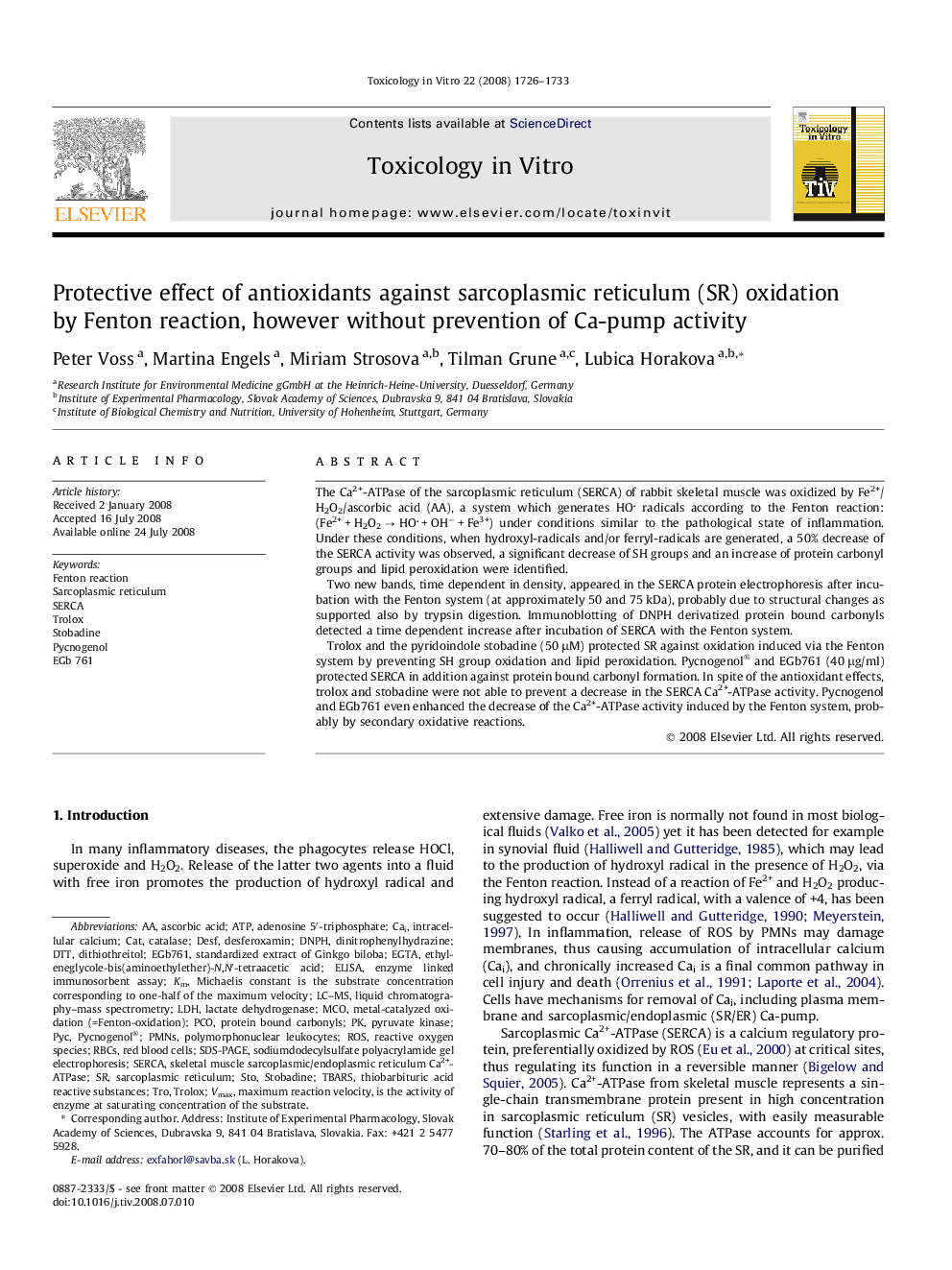 Protective effect of antioxidants against sarcoplasmic reticulum (SR) oxidation by Fenton reaction, however without prevention of Ca-pump activity