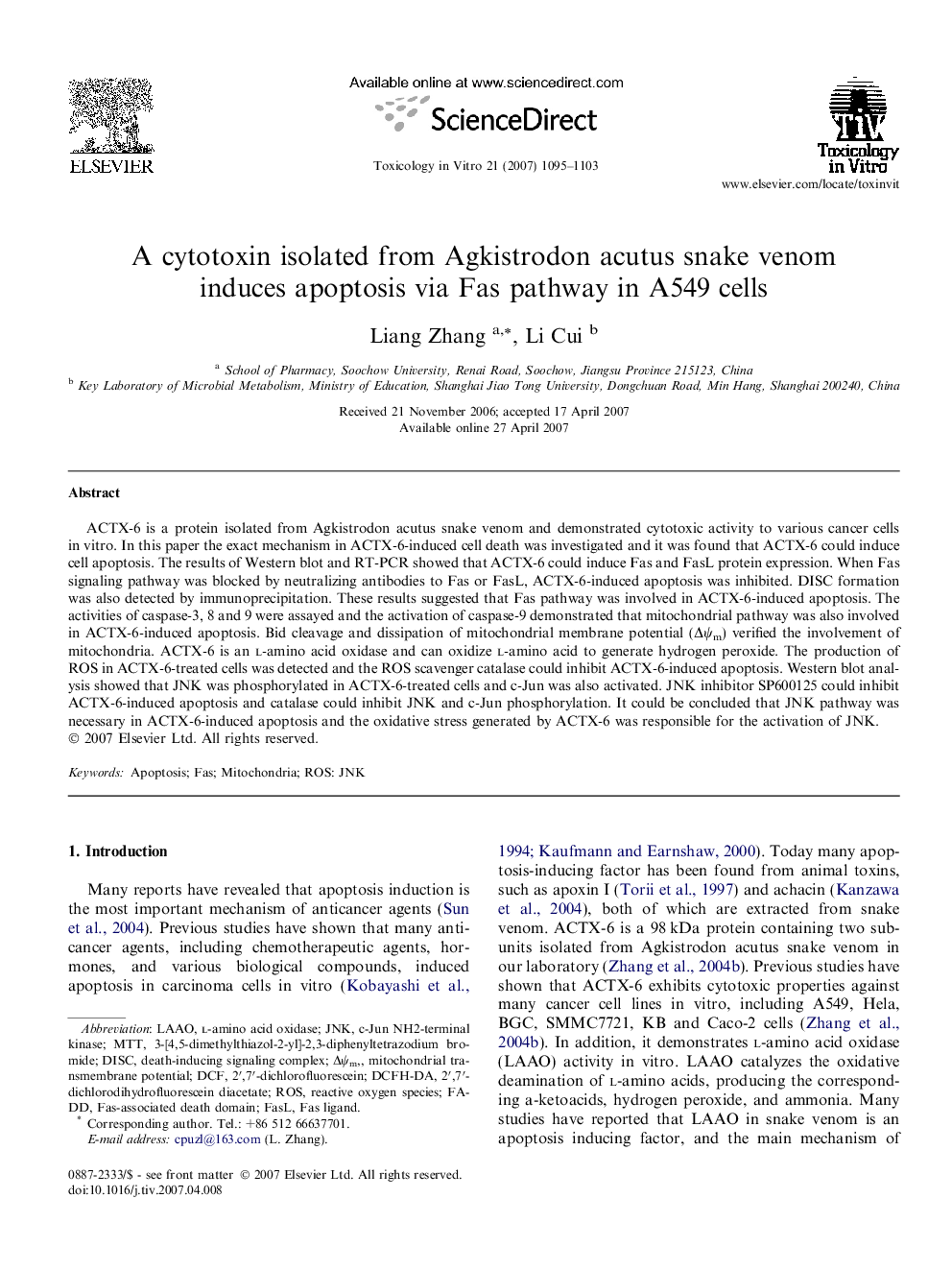 A cytotoxin isolated from Agkistrodon acutus snake venom induces apoptosis via Fas pathway in A549 cells