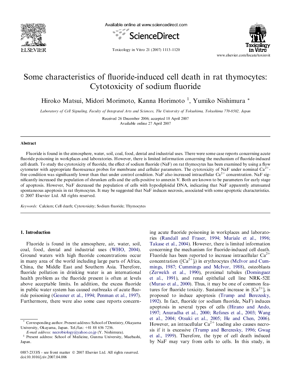 Some characteristics of fluoride-induced cell death in rat thymocytes: Cytotoxicity of sodium fluoride