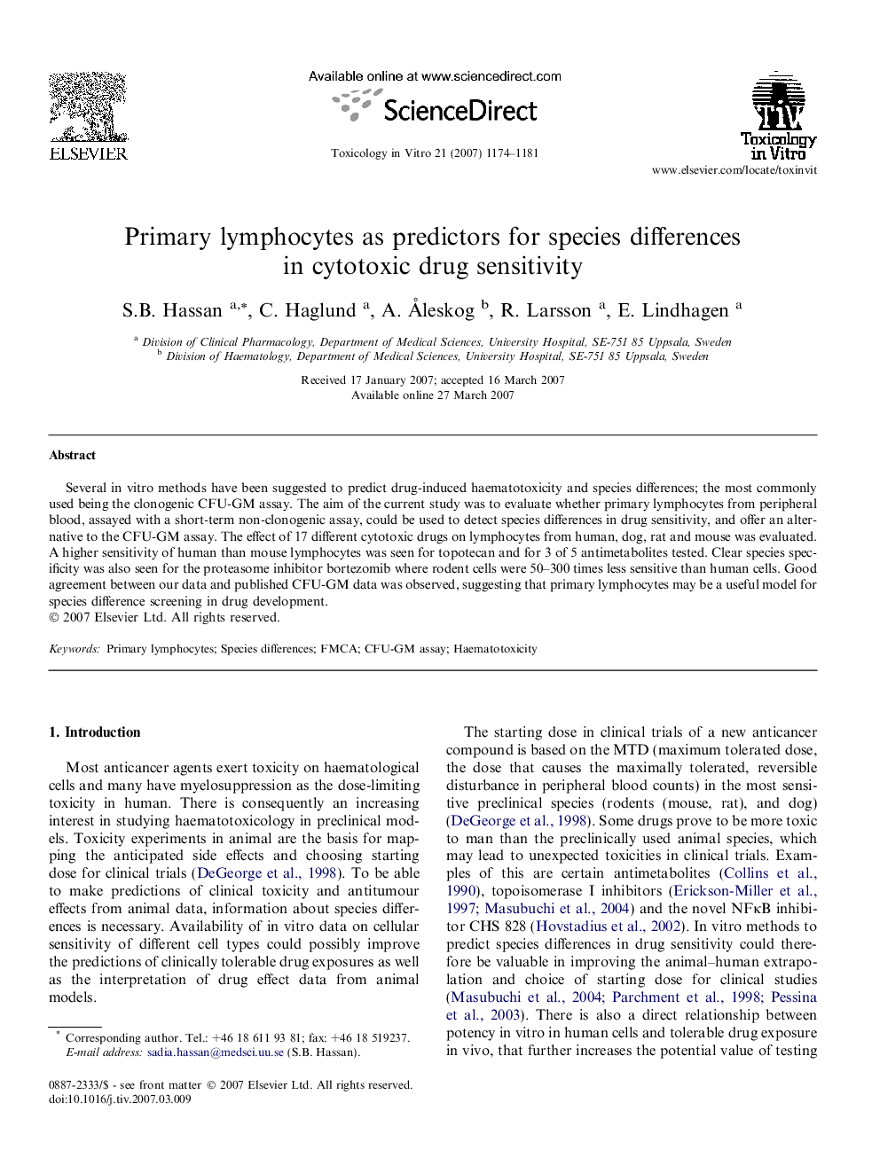 Primary lymphocytes as predictors for species differences in cytotoxic drug sensitivity