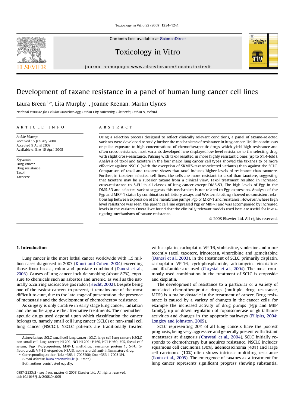 Development of taxane resistance in a panel of human lung cancer cell lines