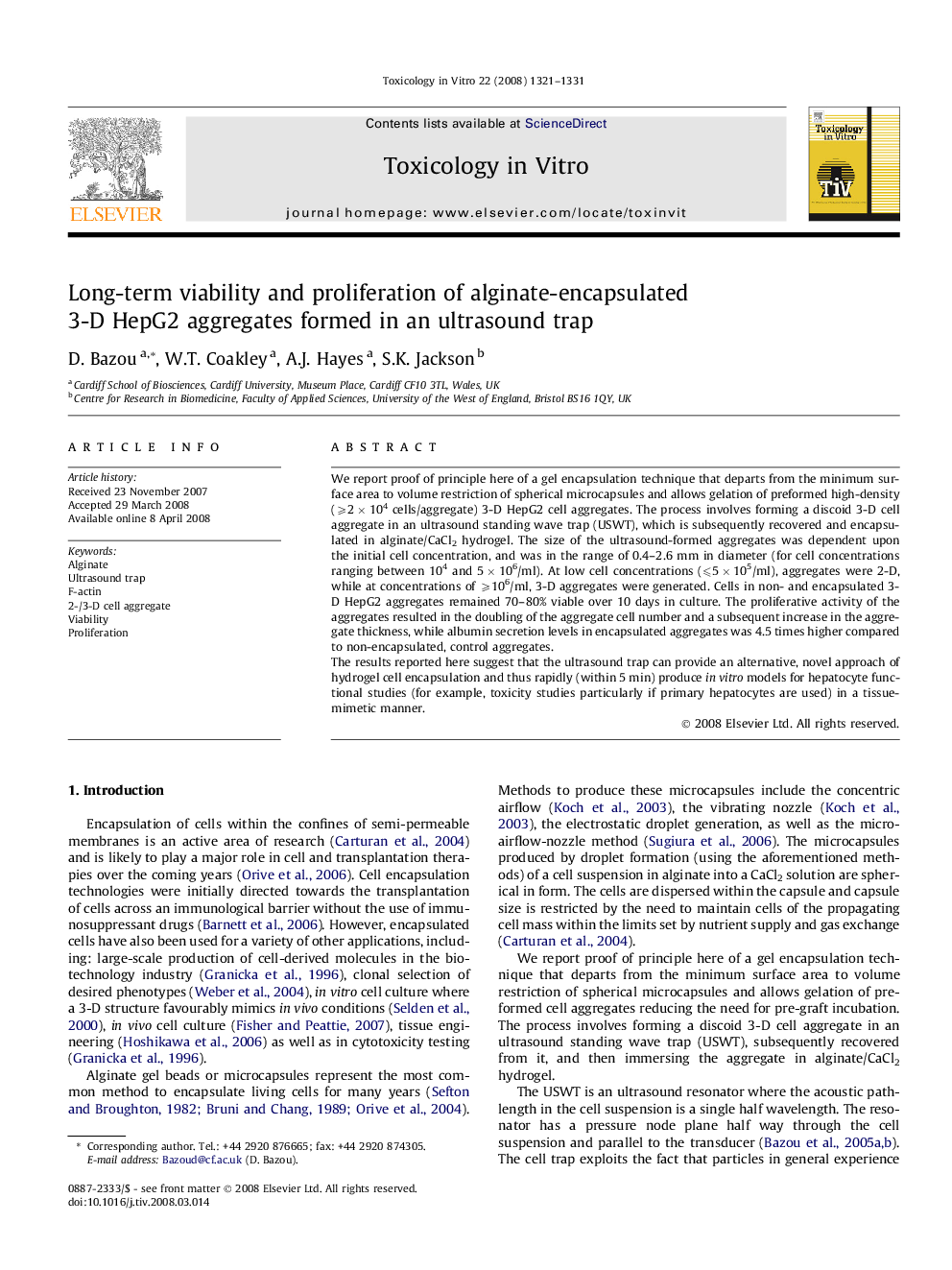 Long-term viability and proliferation of alginate-encapsulated 3-D HepG2 aggregates formed in an ultrasound trap