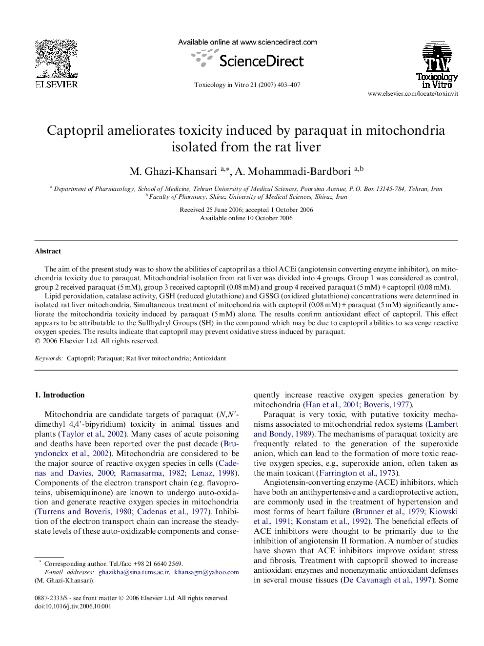 Captopril ameliorates toxicity induced by paraquat in mitochondria isolated from the rat liver