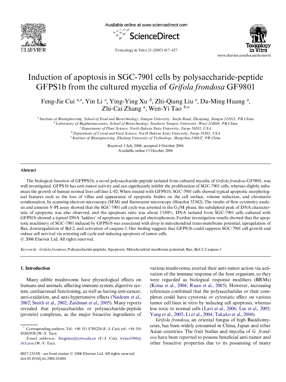 Induction of apoptosis in SGC-7901 cells by polysaccharide-peptide GFPS1b from the cultured mycelia of Grifola frondosa GF9801