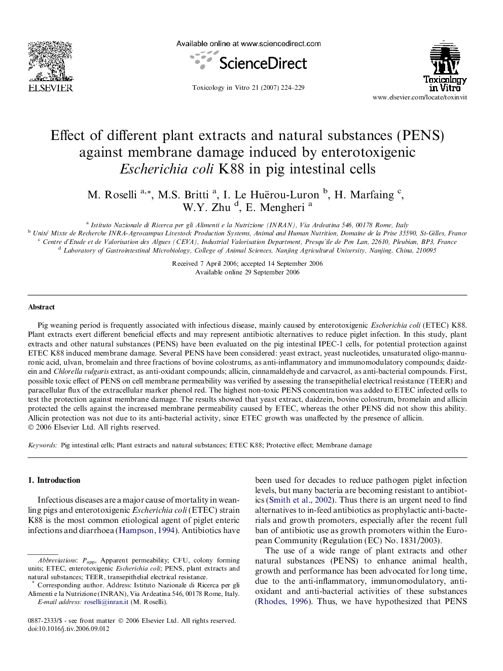 Effect of different plant extracts and natural substances (PENS) against membrane damage induced by enterotoxigenic Escherichia coli K88 in pig intestinal cells