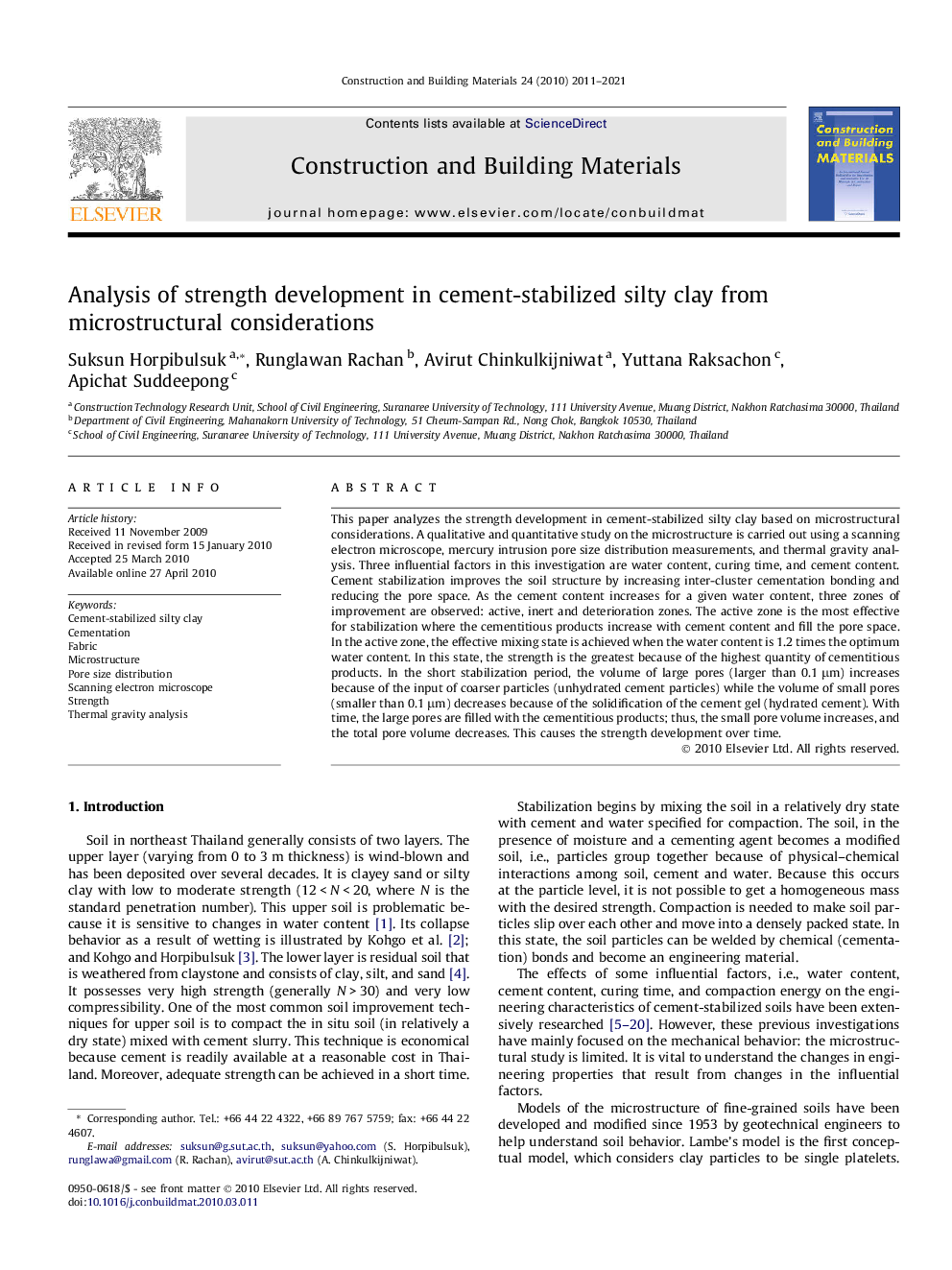 Analysis of strength development in cement-stabilized silty clay from microstructural considerations