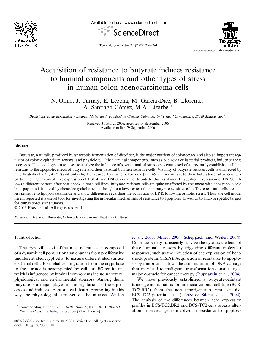 Acquisition of resistance to butyrate induces resistance to luminal components and other types of stress in human colon adenocarcinoma cells