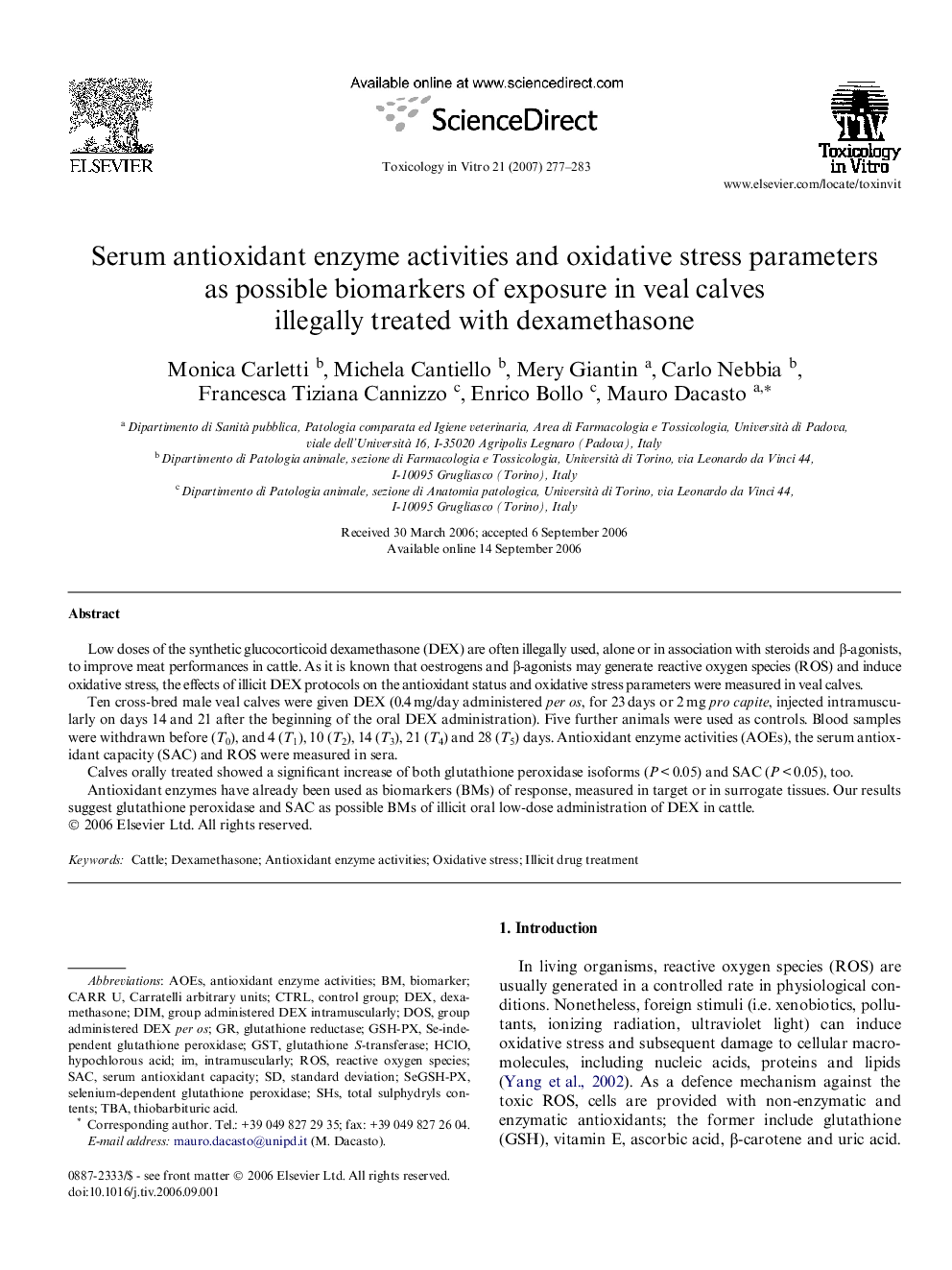 Serum antioxidant enzyme activities and oxidative stress parameters as possible biomarkers of exposure in veal calves illegally treated with dexamethasone