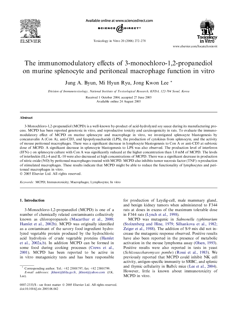 The immunomodulatory effects of 3-monochloro-1,2-propanediol on murine splenocyte and peritoneal macrophage function in vitro