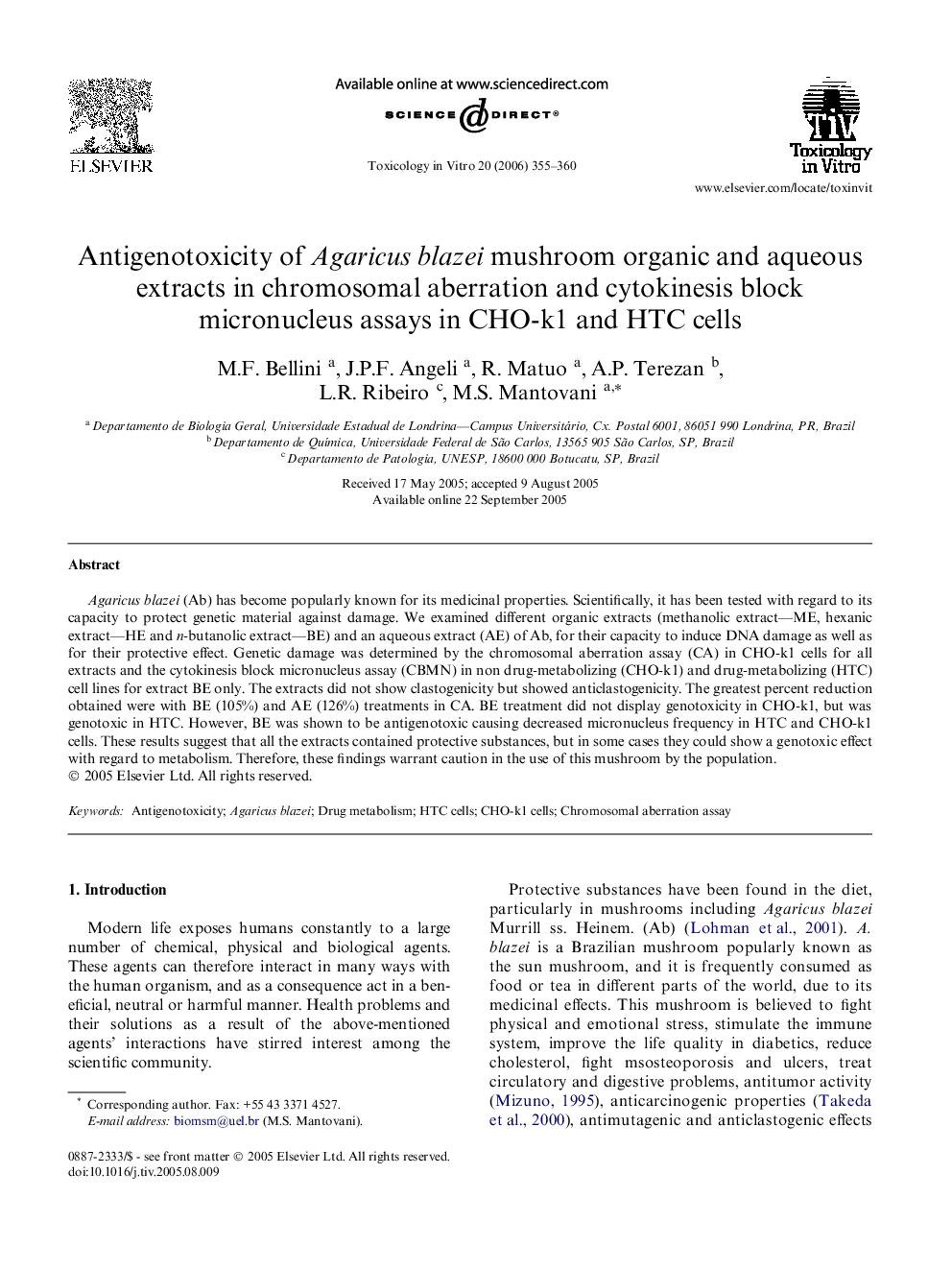 Antigenotoxicity of Agaricus blazei mushroom organic and aqueous extracts in chromosomal aberration and cytokinesis block micronucleus assays in CHO-k1 and HTC cells