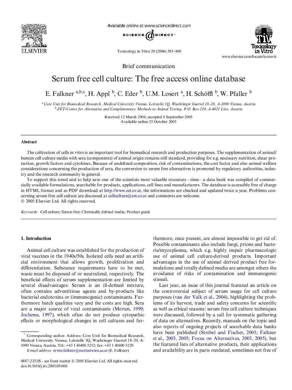 Serum free cell culture: The free access online database