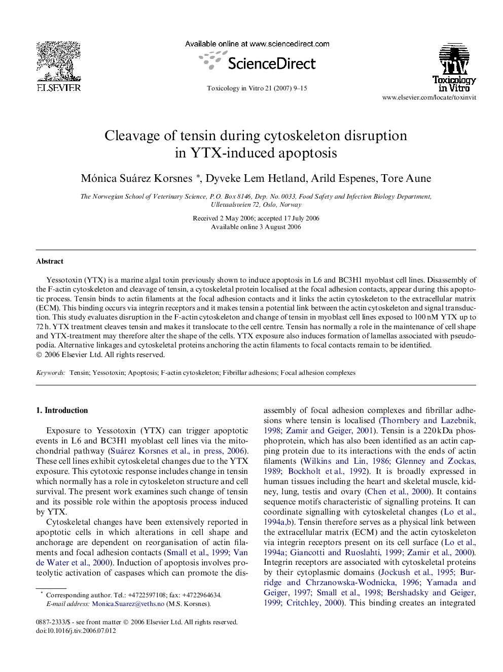 Cleavage of tensin during cytoskeleton disruption in YTX-induced apoptosis