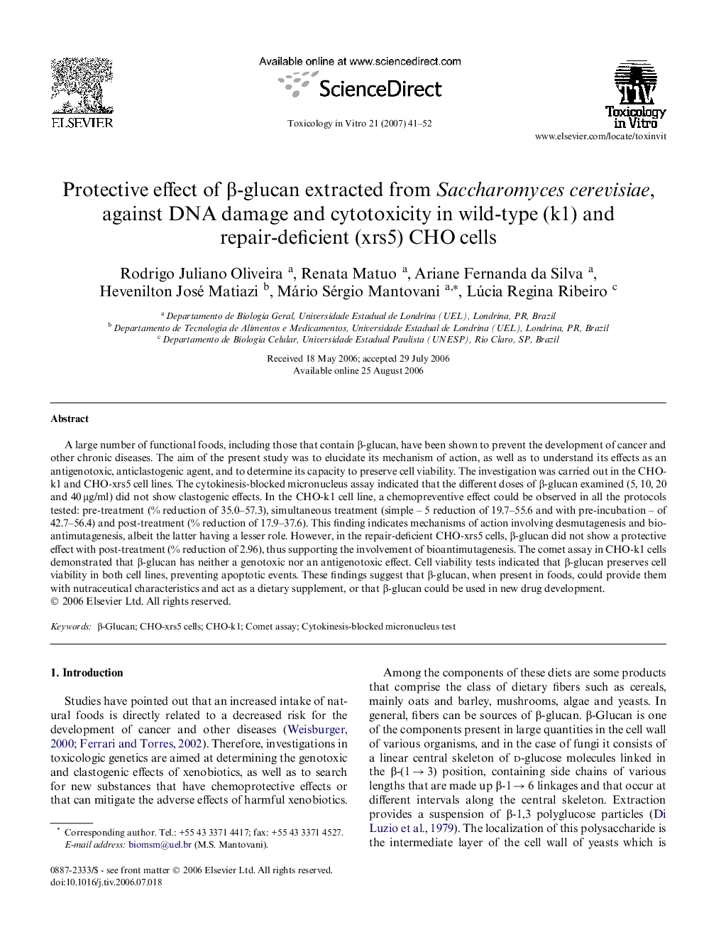 Protective effect of β-glucan extracted from Saccharomyces cerevisiae, against DNA damage and cytotoxicity in wild-type (k1) and repair-deficient (xrs5) CHO cells