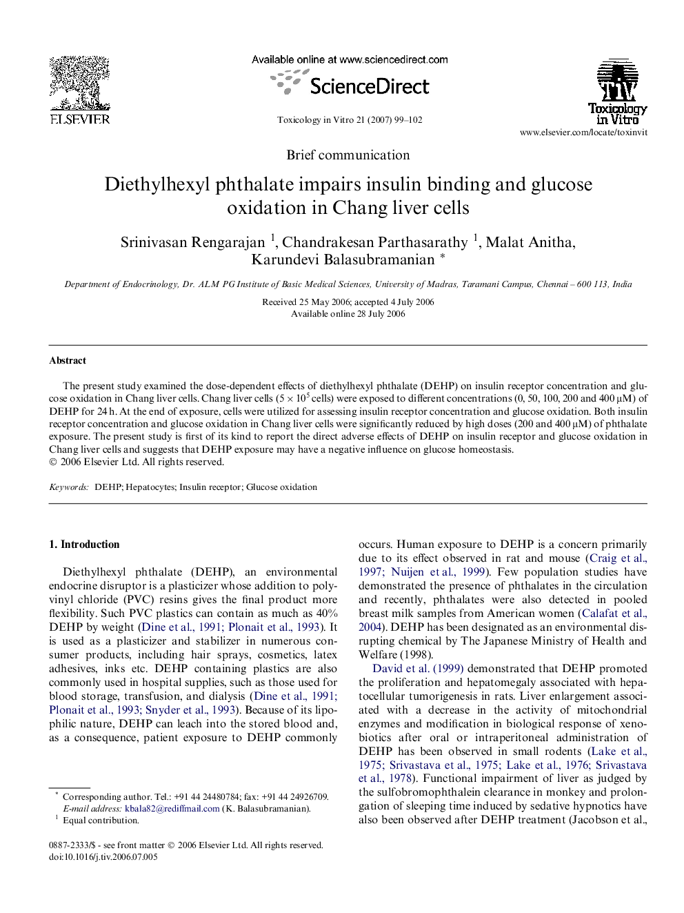 Diethylhexyl phthalate impairs insulin binding and glucose oxidation in Chang liver cells