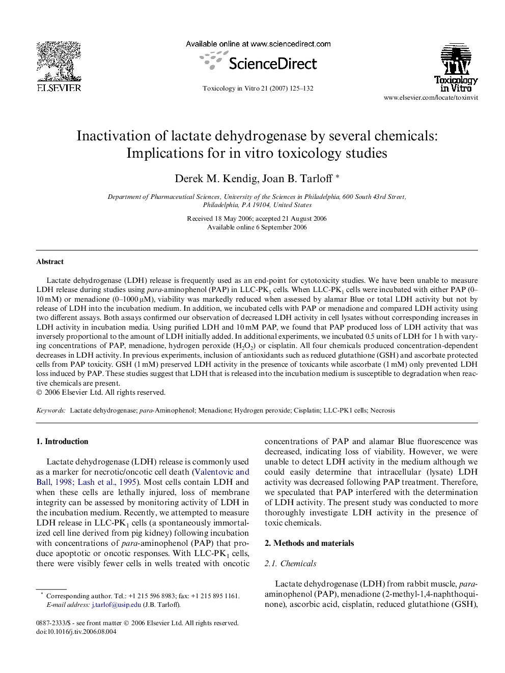 Inactivation of lactate dehydrogenase by several chemicals: Implications for in vitro toxicology studies