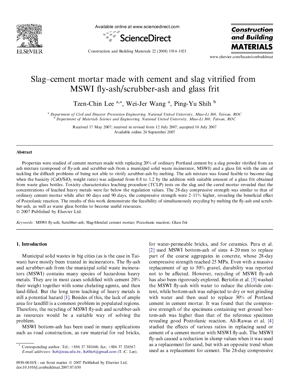 Slag–cement mortar made with cement and slag vitrified from MSWI fly-ash/scrubber-ash and glass frit