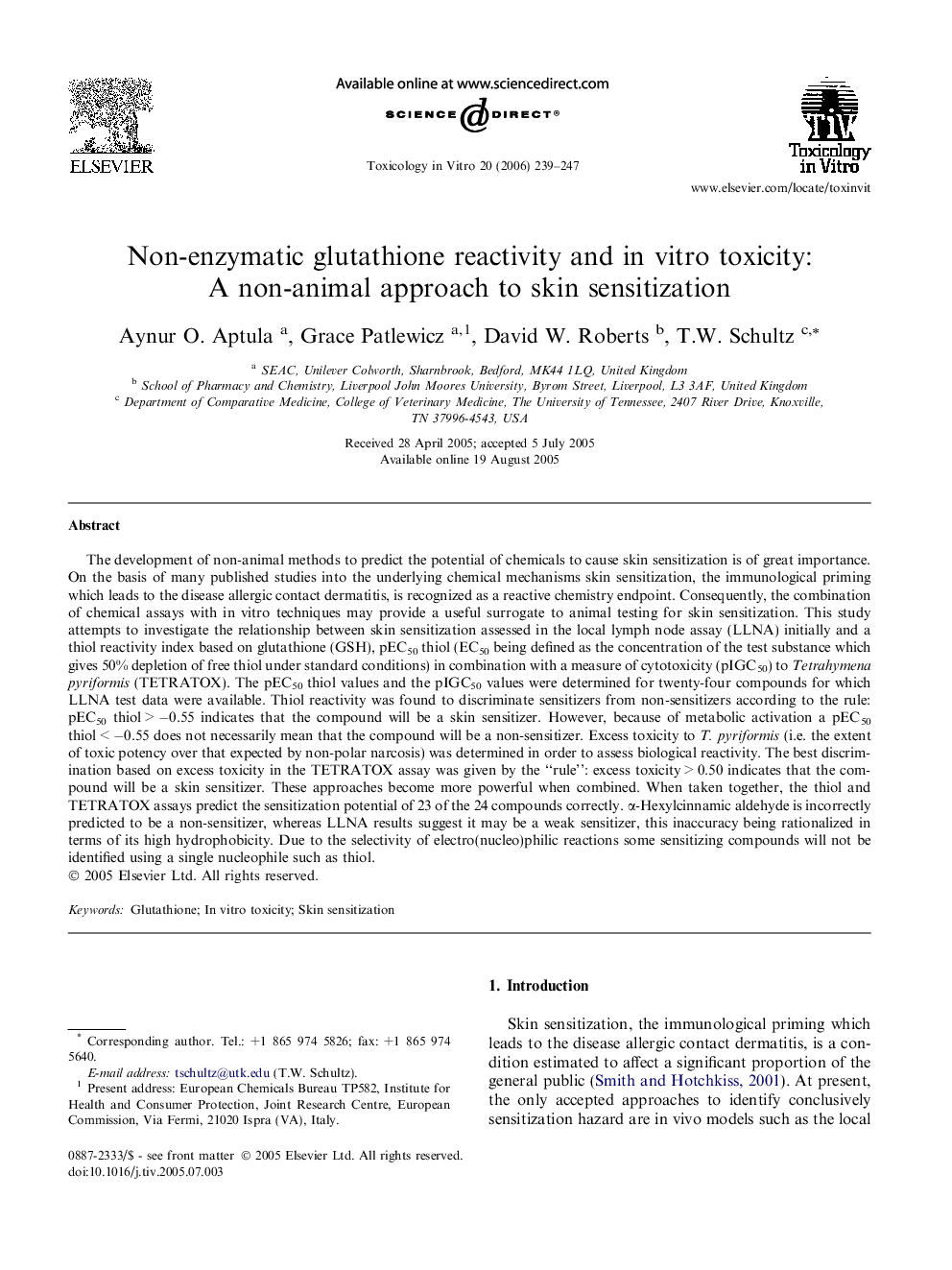 Non-enzymatic glutathione reactivity and in vitro toxicity: A non-animal approach to skin sensitization