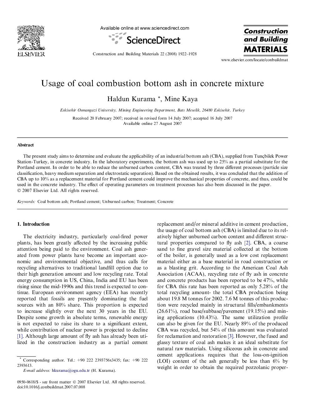 Usage of coal combustion bottom ash in concrete mixture