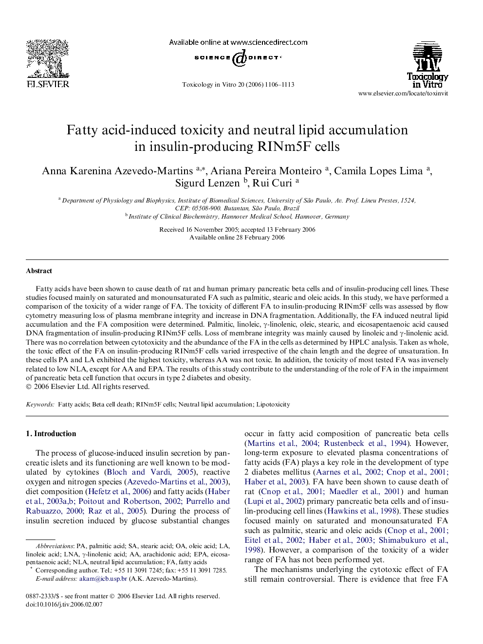 Fatty acid-induced toxicity and neutral lipid accumulation in insulin-producing RINm5F cells