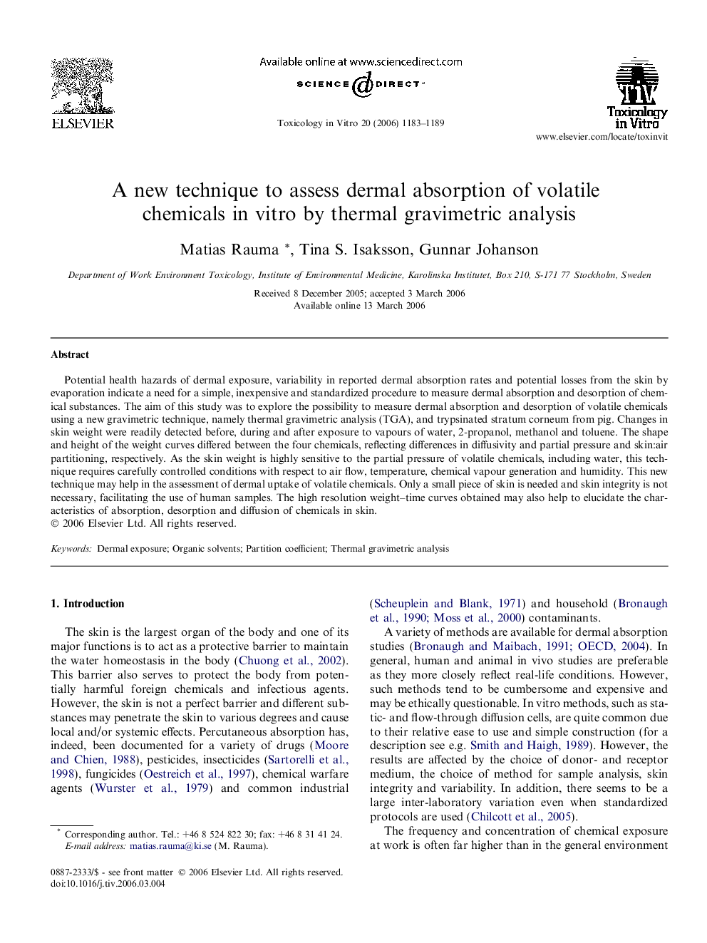 A new technique to assess dermal absorption of volatile chemicals in vitro by thermal gravimetric analysis