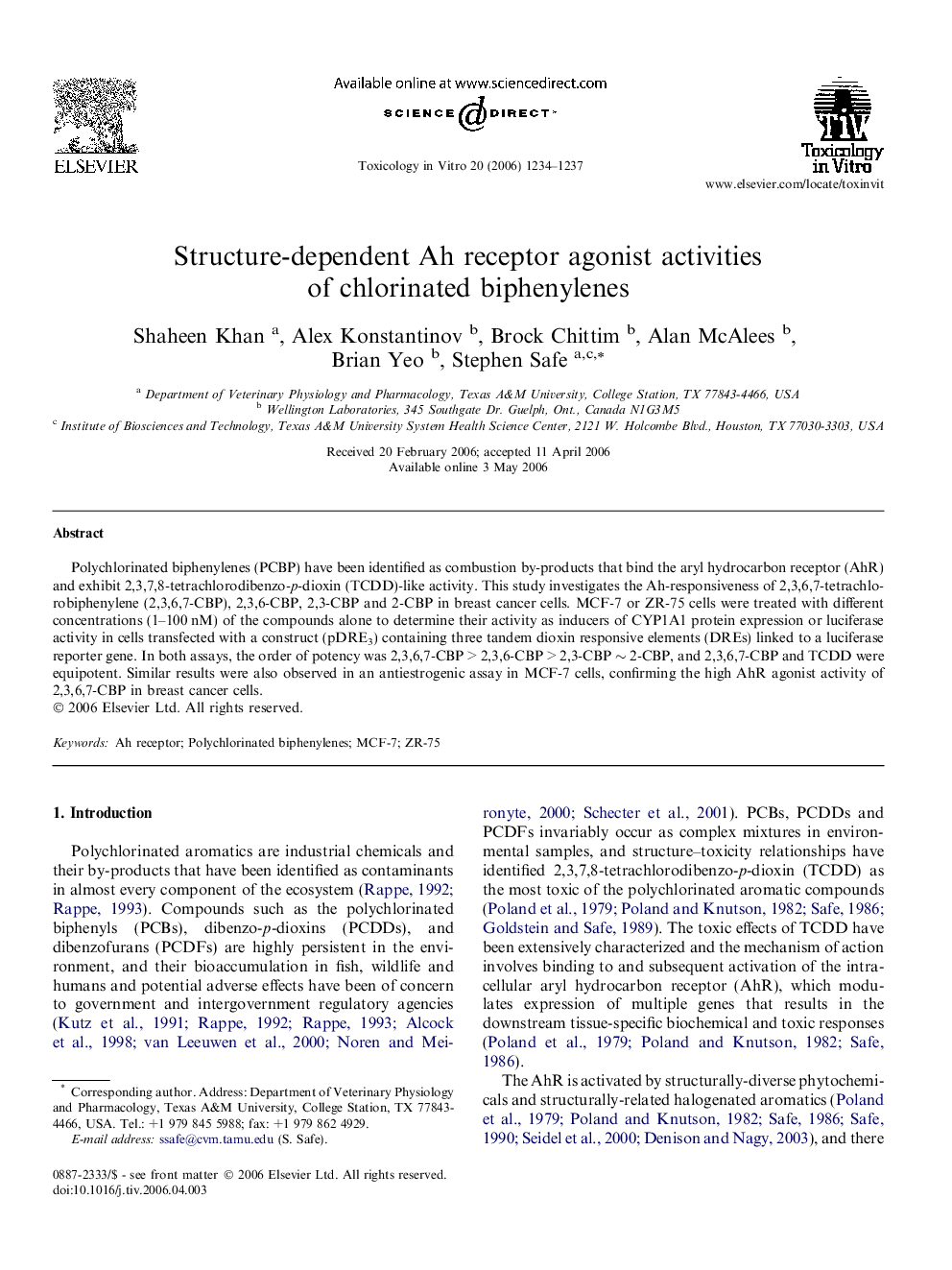 Structure-dependent Ah receptor agonist activities of chlorinated biphenylenes