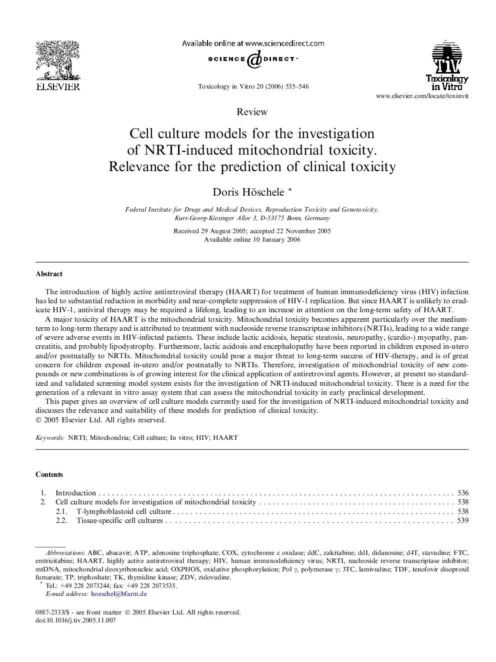 Cell culture models for the investigation of NRTI-induced mitochondrial toxicity.: Relevance for the prediction of clinical toxicity