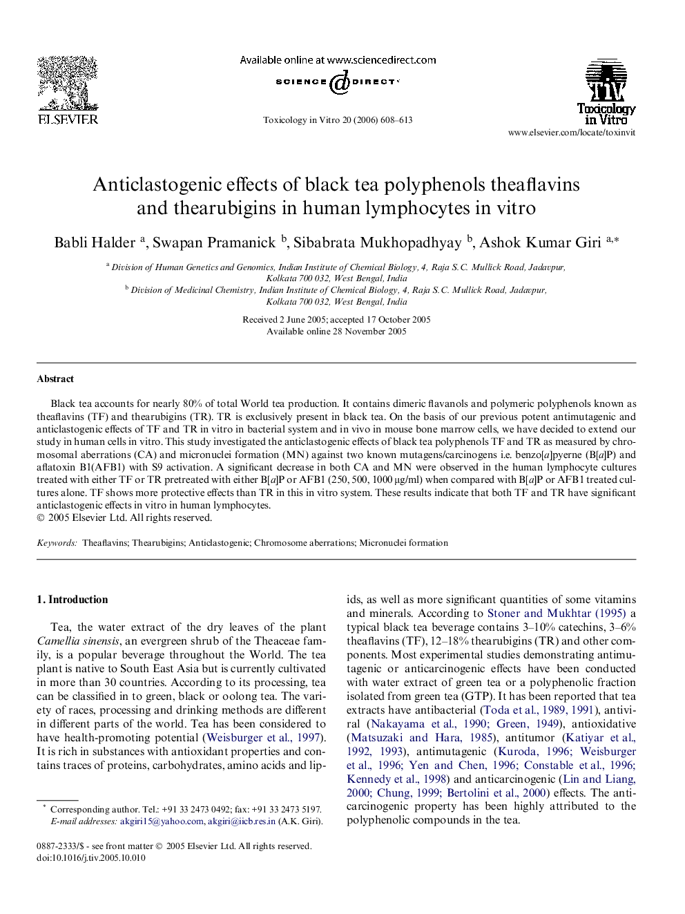 Anticlastogenic effects of black tea polyphenols theaflavins and thearubigins in human lymphocytes in vitro